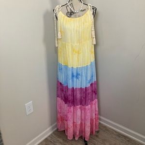 Women’s Tie Dye Yellow Skyblue Pink Maxi Tiered Dress Spaghetti Tie Straps